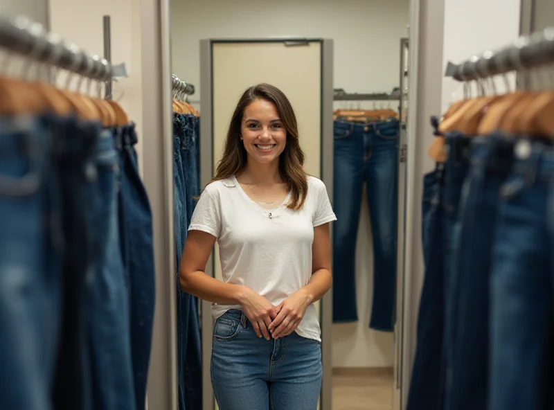 A woman happily trying on a pair of bootcut jeans in a well-lit dressing room.