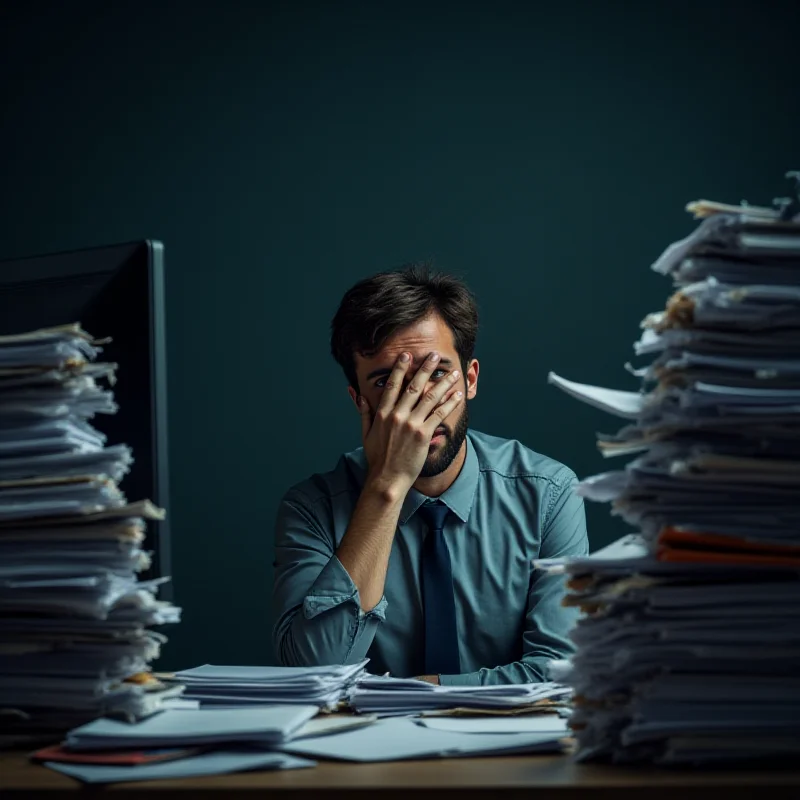 A frustrated employee sitting at a messy desk, looking overwhelmed and defeated.