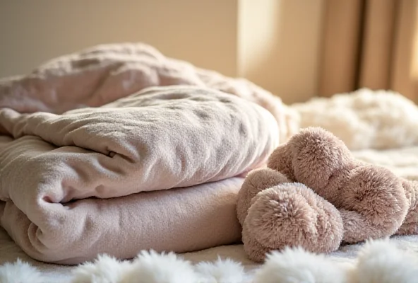 An assortment of comfort items including a weighted blanket, a neck massager, and fuzzy socks.