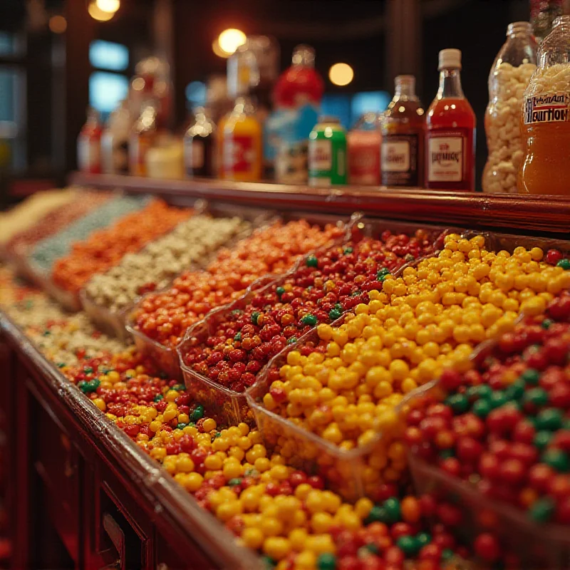 A close-up shot of a vintage movie theater snack counter filled with classic 80s candies and snacks.