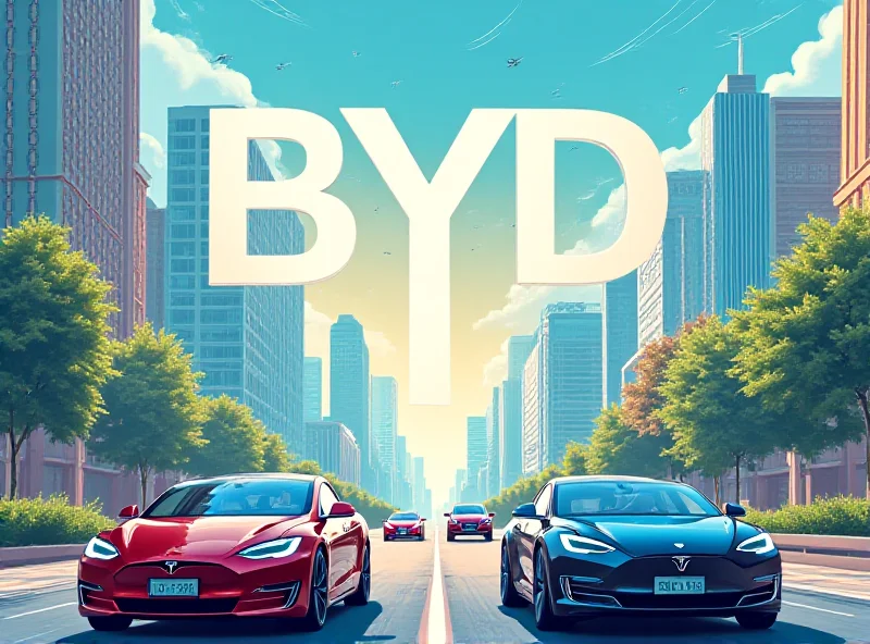 An illustration showing the BYD and Tesla logos merging together, with electric cars driving into the future.