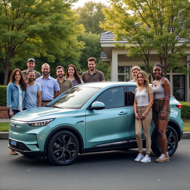 A diverse group of people standing around a BYD electric car, showcasing global appeal and accessibility.