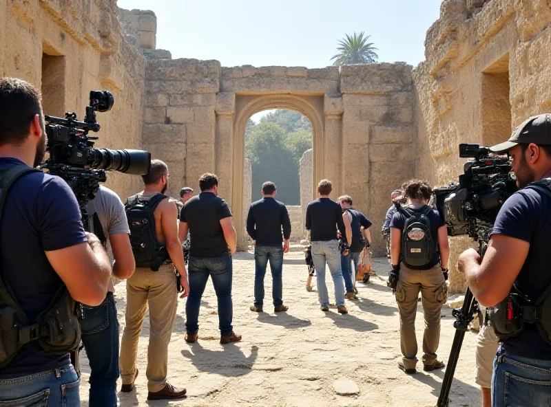 A film set with cameras, lighting equipment, and crew members looking confused and idle.