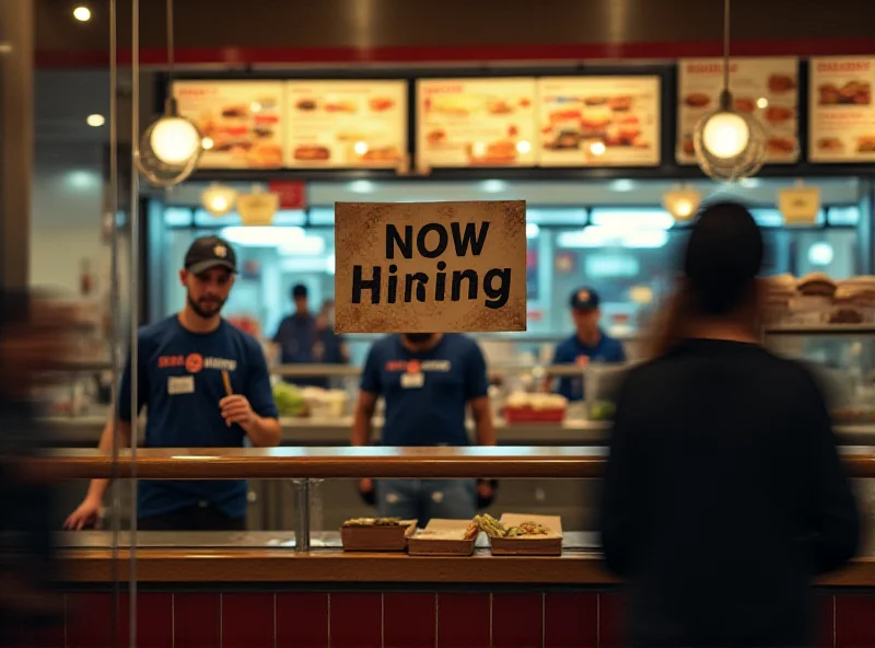 A busy fast-food restaurant in California with a 'Now Hiring' sign, potentially indicating a job shortage.