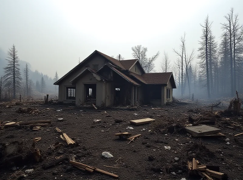 A partially destroyed house in California after a wildfire, with smoke still rising in the background.