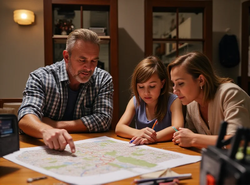 A family discussing emergency plans and finances around a table, with a map of their local area visible.