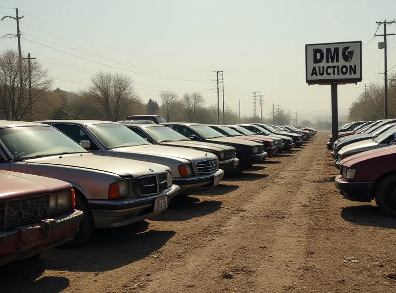 A long row of various cars sitting in a dusty impound lot. A large sign in the background reads 'DMV Auction'. The cars are a mix of makes and models, some appearing damaged or neglected. The overall tone is one of abandonment and bureaucratic process.