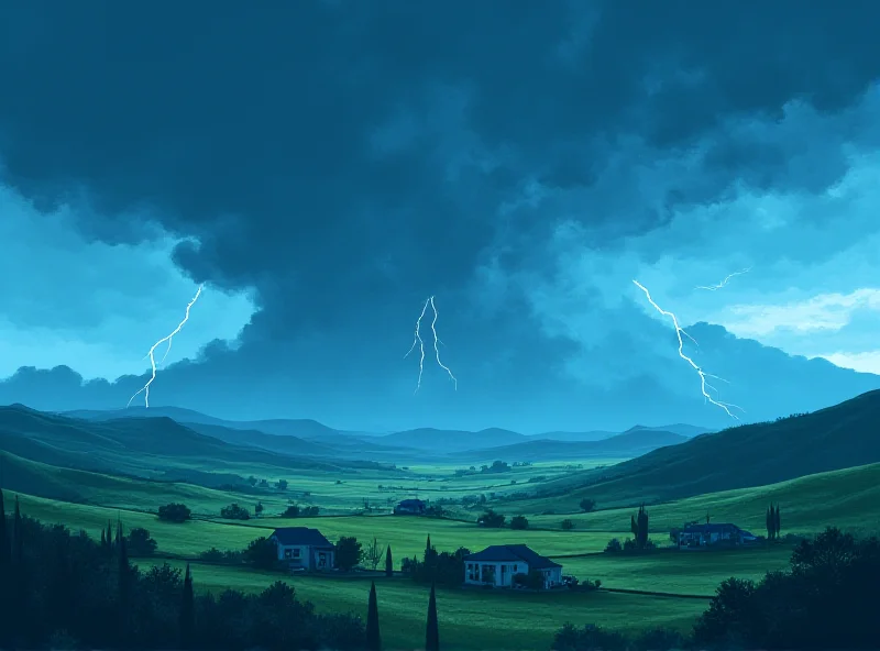 Illustration of a thunderstorm over a valley in California.