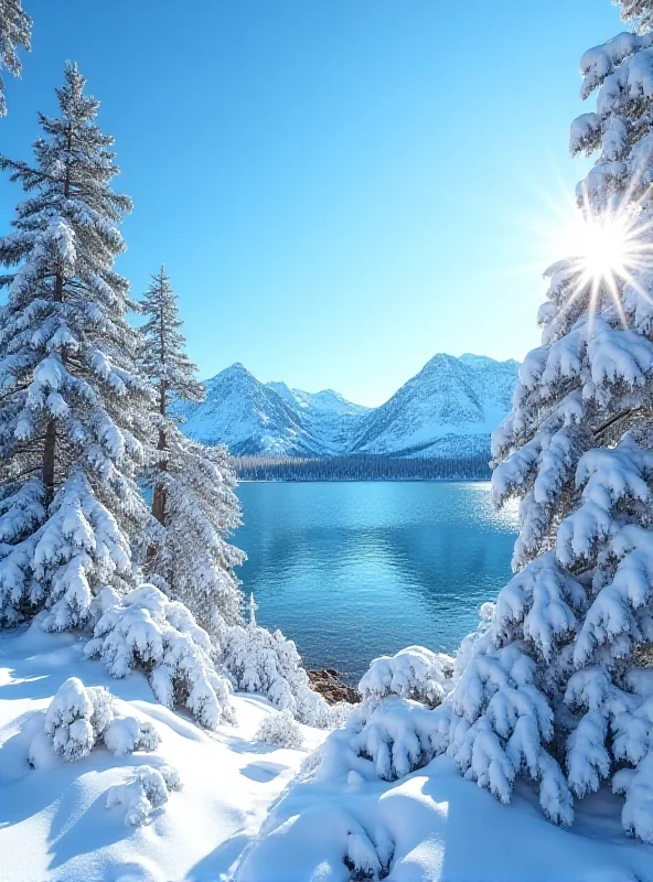 Snow-covered trees and mountains in the Lake Tahoe area under a clear blue sky.