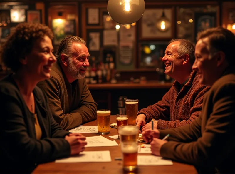 A group of friends laughing and answering questions at a pub quiz.
