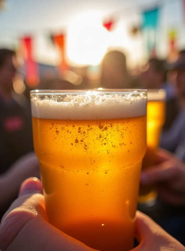 Close-up of a pint of craft beer at a beer festival, with other pints and people in the background.