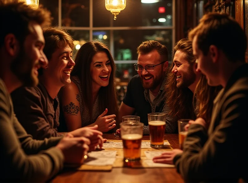 A group of friends laughing and answering questions at a pub quiz.