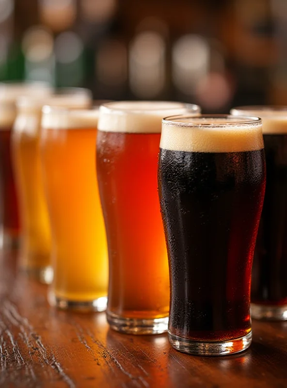 Close up of a variety of colorful beer pints on a wooden bar top.