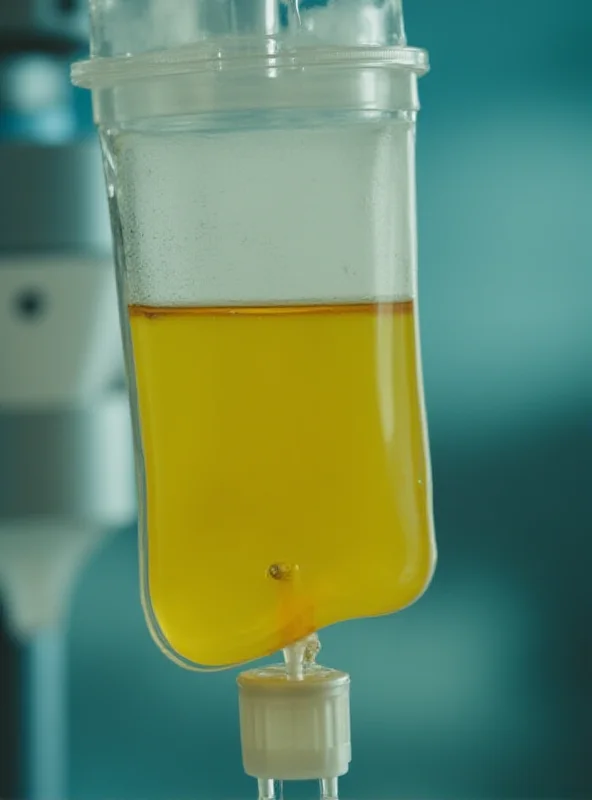 A close-up shot of a blood donation bag being filled with plasma. The plasma is a translucent yellow color. The background is a sterile medical environment.