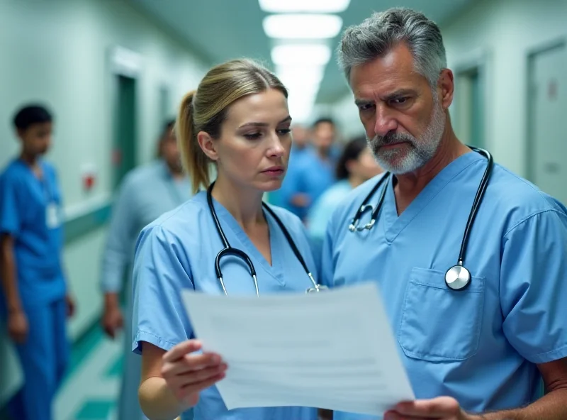 A doctor and a nurse consulting over medical charts in a hospital hallway. They both look concerned. Other medical staff and patients are visible in the blurred background.