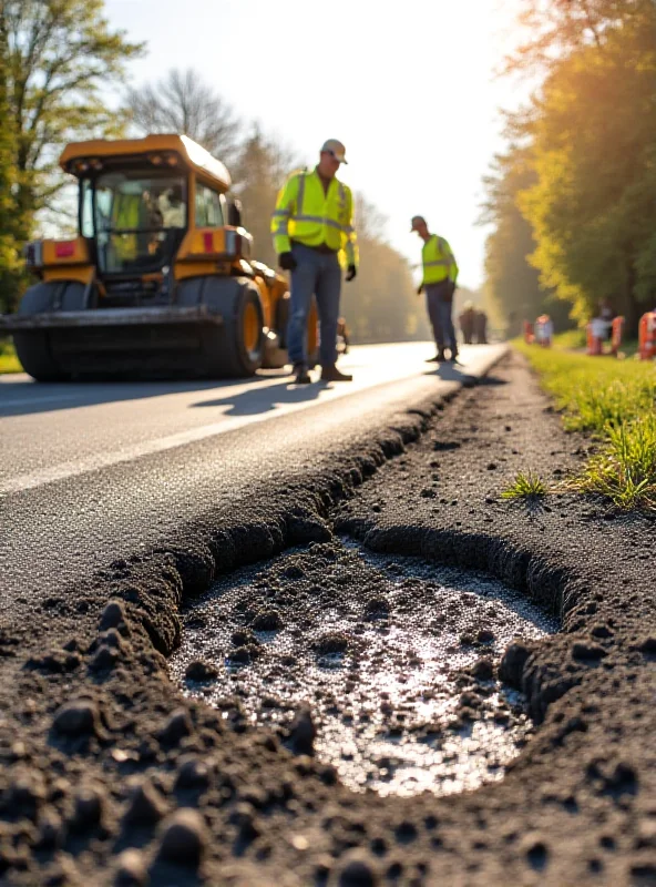 Road construction crew repairing a pothole on a Cambridgeshire road.