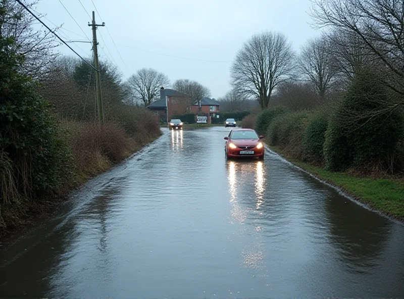 A flooded road in Cambridgeshire, showing cars driving through the water and houses slightly submerged.