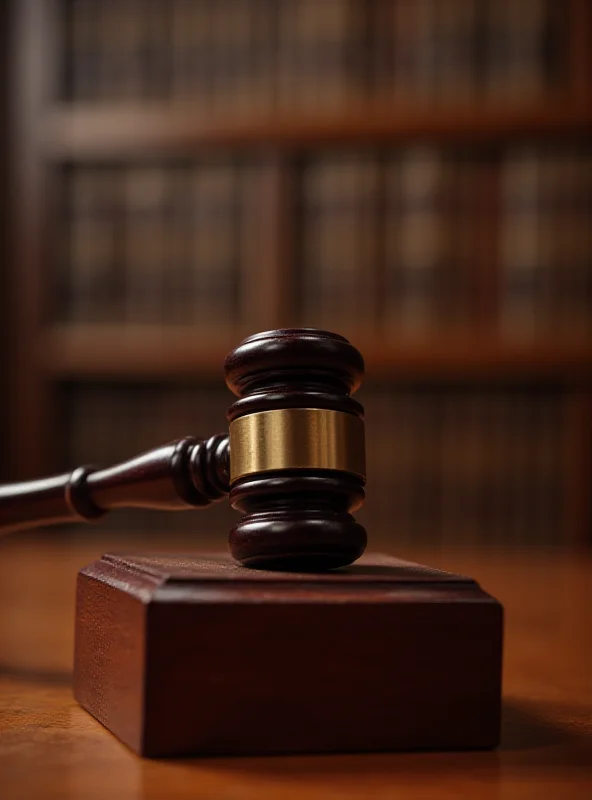 A gavel resting on a wooden block in a courtroom setting, symbolizing the criminal justice system.