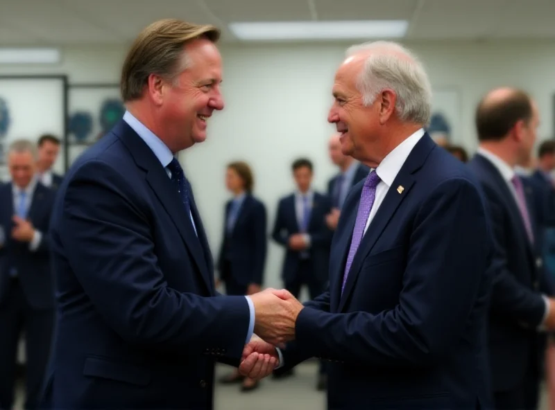David Cameron shaking hands with Jeb Bush in a modern office setting.