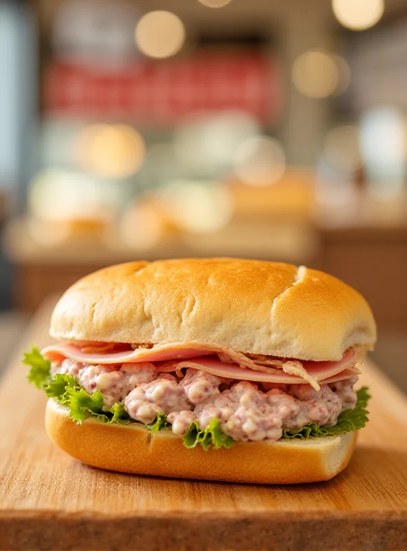 A close-up of a Greggs ham salad baguette, looking delicious.