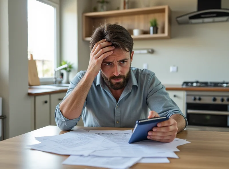 A worried homeowner looking at mortgage paperwork at their kitchen table.