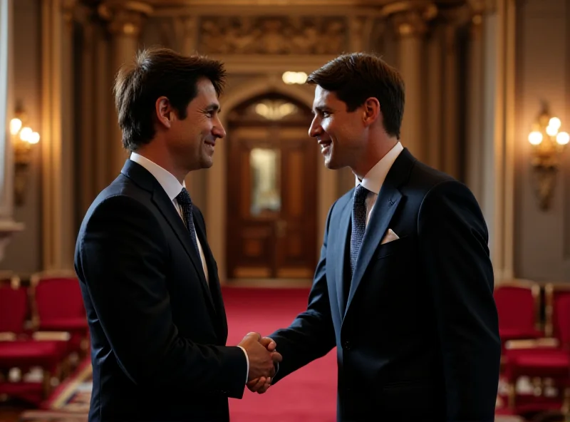 Justin Trudeau shaking hands with King Charles III in a formal setting.