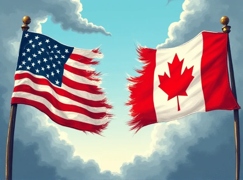 An illustration of the American and Canadian flags facing off against each other in a trade war.
