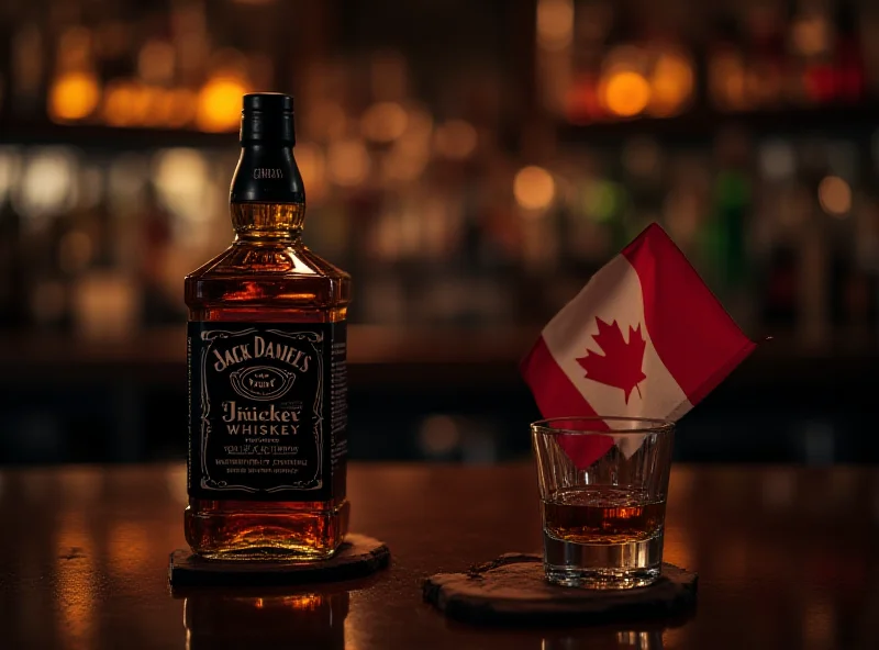 A bottle of Jack Daniel's whiskey on a bar, with a Canadian flag in the background, symbolizing the trade dispute.