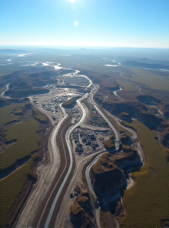 An aerial view of an oil sands operation in Canada, showcasing the vast natural resources. Focus on the scale of the operation and the surrounding landscape.