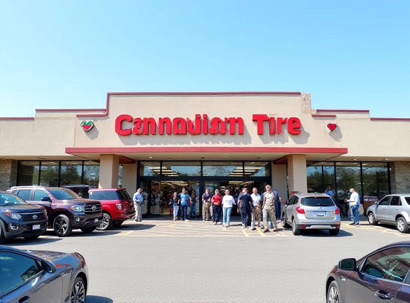 The exterior of a Canadian Tire store in a suburban setting, with cars parked out front and people entering the store. Focus on the recognizable Canadian Tire branding.