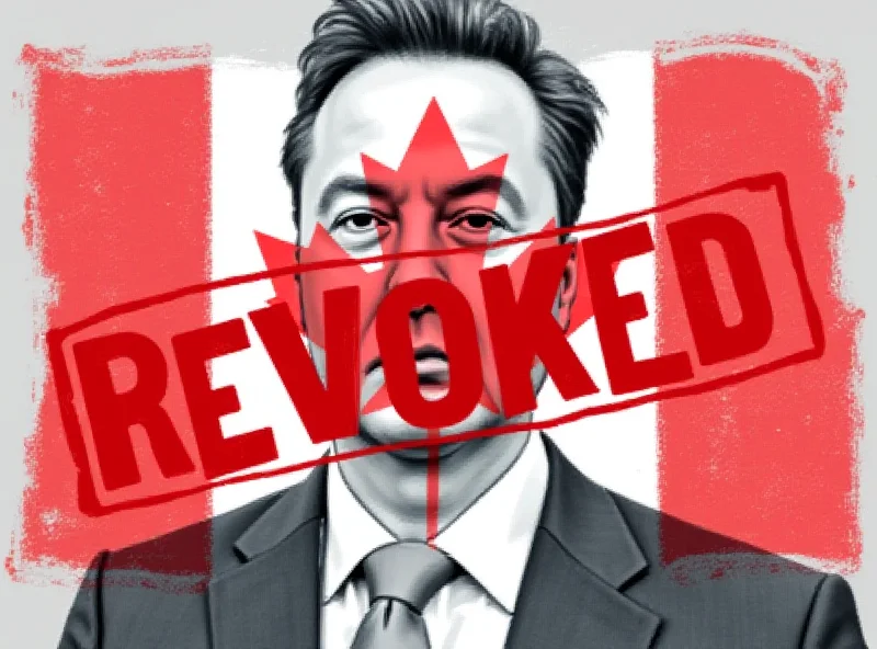 Illustration of a Canadian flag with Elon Musk's face superimposed on it, overlaid with a 'revoked' stamp.