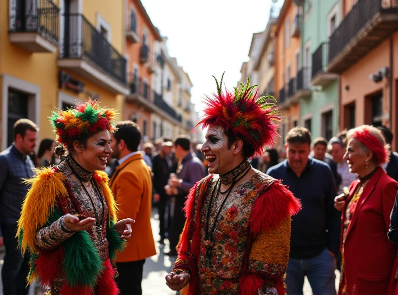 A vibrant street scene in Cádiz during Carnival, featuring people in colorful costumes and masks, with traditional Spanish architecture in the background.