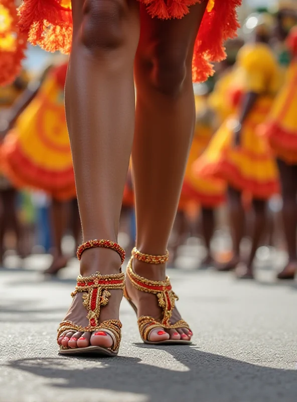 Close-up shot of a samba dancer's feet moving quickly during the parade, highlighting the energy and skill involved in the dance. The background is blurred, focusing on the dancer's movement.