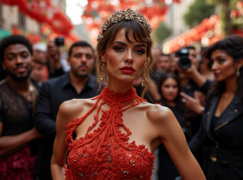 A stunning international model, Emrat, posing elegantly with a slightly aloof expression at the entrance of Sapucaí during Carnival. She is surrounded by photographers and onlookers, some of whom are trying to get her attention.