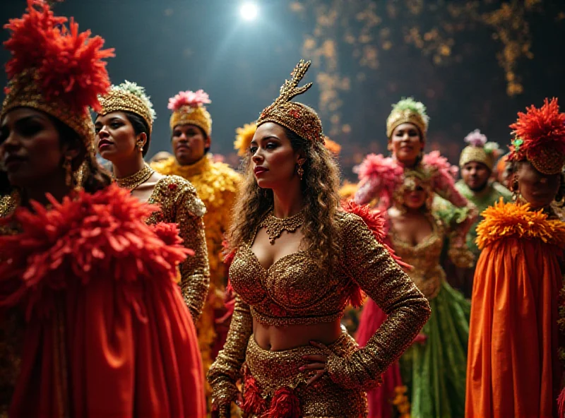A vibrant and energetic scene backstage at the Rio Carnival. Dancers in colorful costumes are preparing for their performance, while musicians tune their instruments. The atmosphere is buzzing with excitement and anticipation.