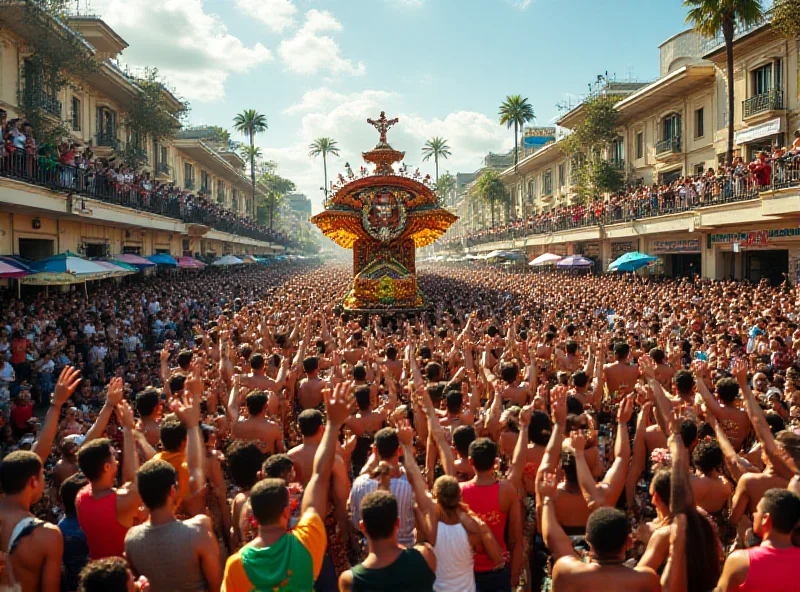 A wide shot of the vibrant Rio Carnival parade. Elaborate floats, dancers in dazzling costumes, and musicians fill the Sambadrome. The crowd is cheering and celebrating, creating a lively and festive atmosphere.