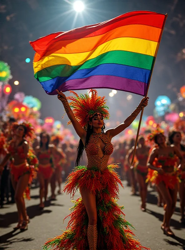 Mayara Lima proudly holding a large rainbow flag while parading in a vibrant Carnival costume, surrounded by other performers.