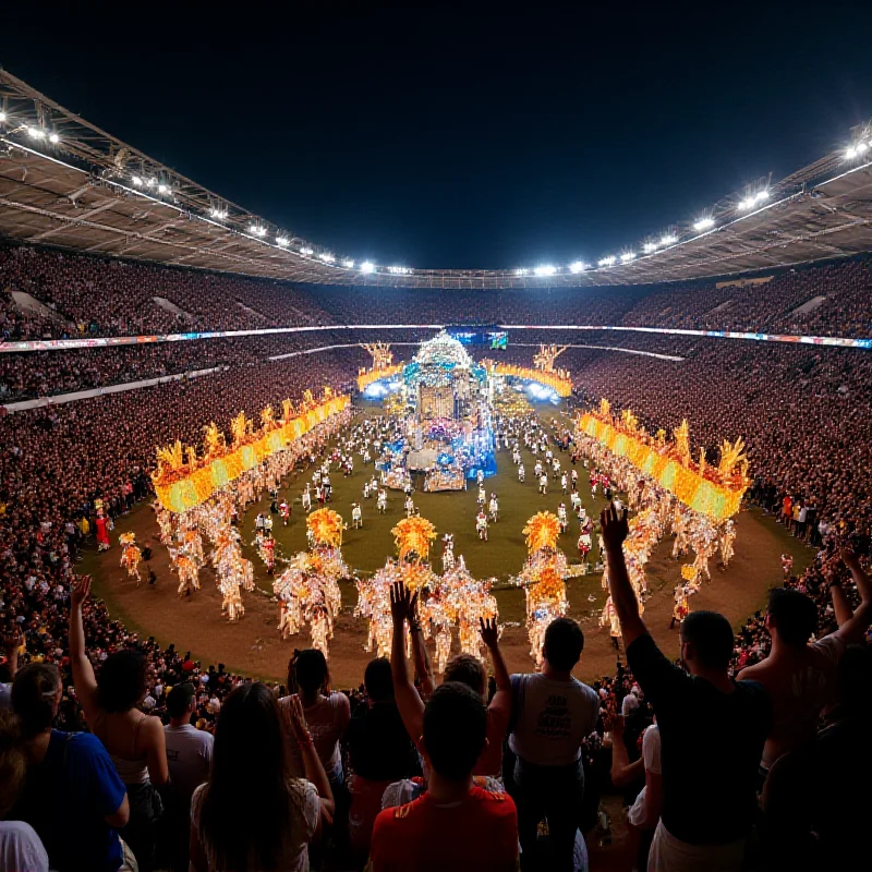 A wide shot of the Sambadrome in Rio de Janeiro during a Carnival parade at night, showcasing the elaborate floats and costumes.