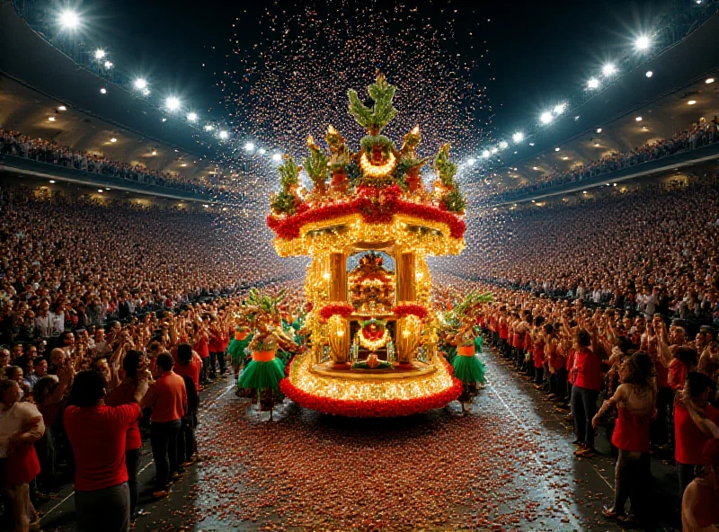 A vibrant samba school float moving down Sapucaí during Carnival.