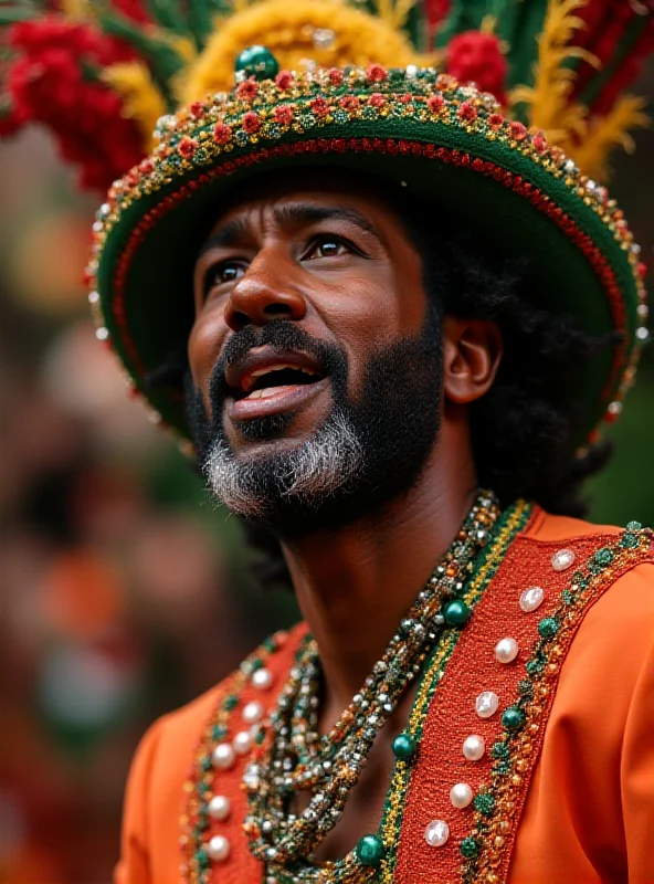 Neguinho da Beija-Flor singing passionately during a samba school performance.