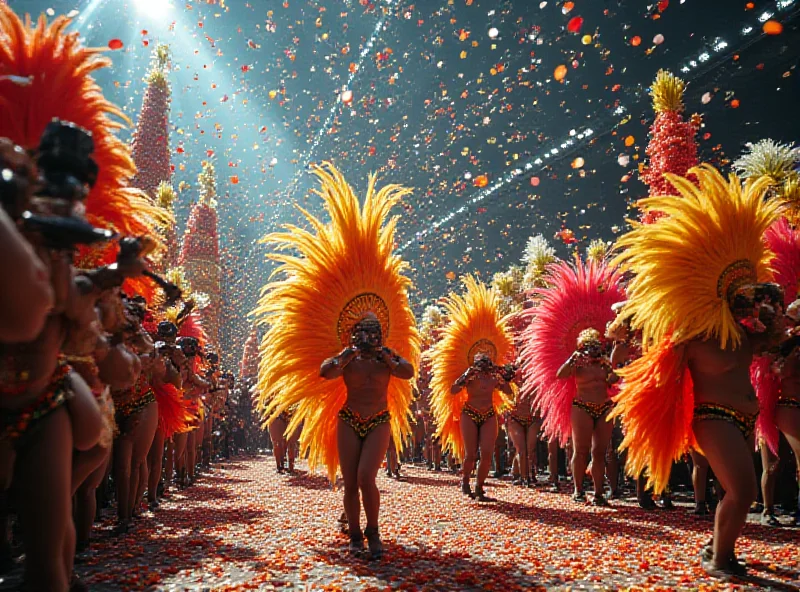 A vibrant scene from the Champions Parade at Sapucaí, with samba dancers in elaborate costumes.
