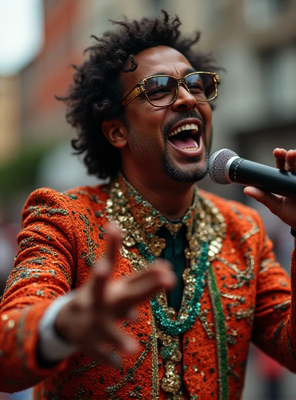 A portrait of Neguinho da Beija-Flor singing during a Carnival parade, with a microphone in his hand.