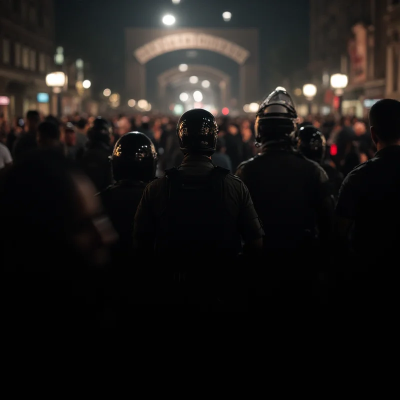 A slightly blurred image of a large crowd of people exiting the Sambadrome at night, with police officers visible in the background.