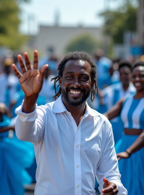 Milton Nascimento, a renowned Brazilian singer, smiling and waving to the crowd during the Carnival parade. He is wearing a white shirt and is surrounded by dancers in blue and white costumes.