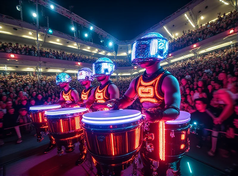 A vibrant photo of a high-tech samba drum band performing in the Sambadrome during Carnival in Rio de Janeiro.