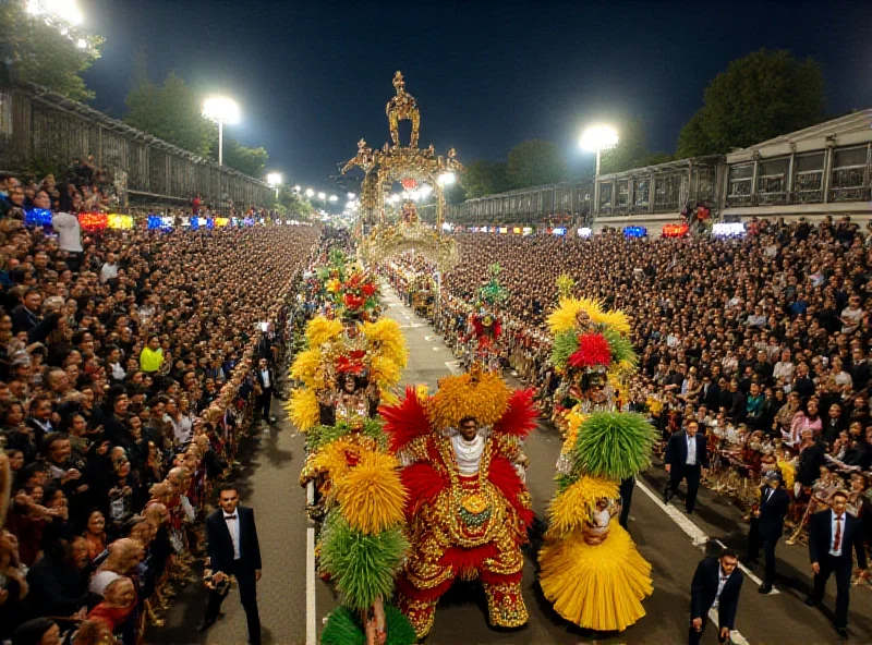 Wide shot of the Marquês de Sapucaí during Carnival, showcasing the samba school parade and the lively atmosphere in the camarotes (boxes).
