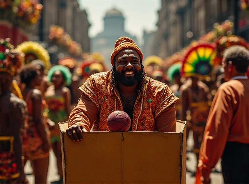 A reveler enthusiastically playing ball in a box at the Sapucaí during Carnival, with a backdrop of colorful samba dancers.