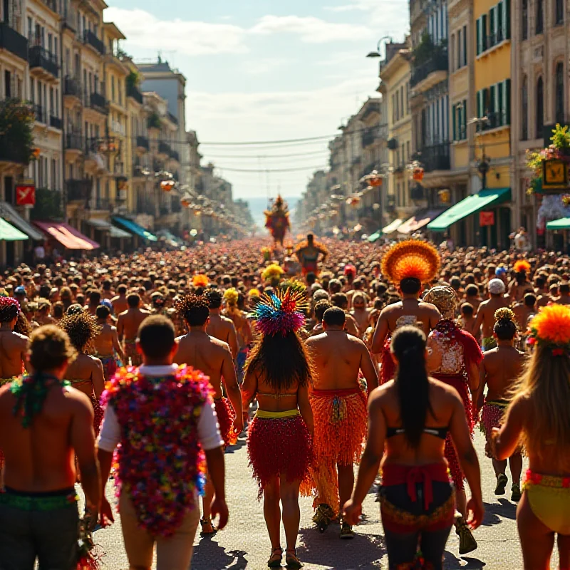 Crowd of people celebrating at the Rio de Janeiro Carnival, with colorful costumes and decorations.