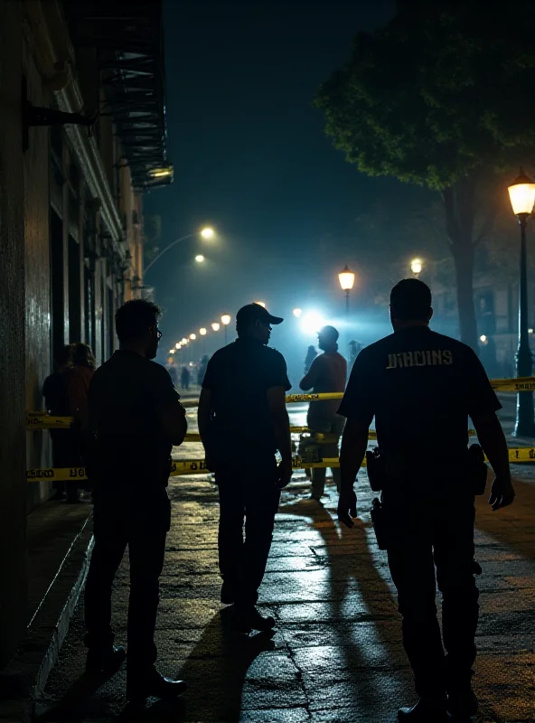 Police officers investigating a crime scene at night, with flashing lights and yellow tape.