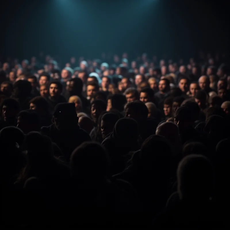 A concerned crowd of people gathered near a stage, looking anxious after an incident.